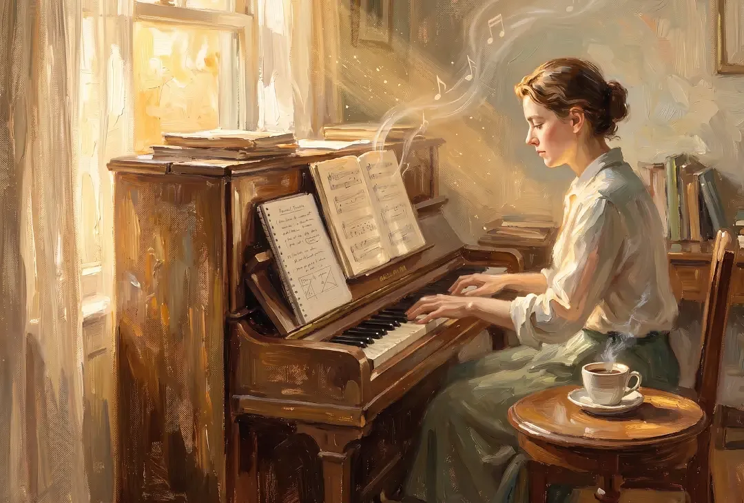 Mulher tocando piano em casa